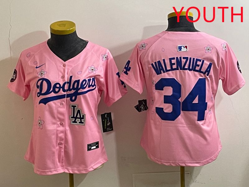 Youth Los Angeles Dodgers #34 Valenzuela Pink Sakura Edition 2025 Nike MLB Jersey style 41->youth mlb jersey->Youth Jersey